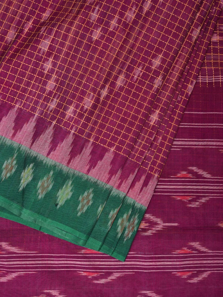 Purple and Green Pochampally Ikat Cotton Handloom Saree with Checks and Zig-Zag Design No Blouse i0806