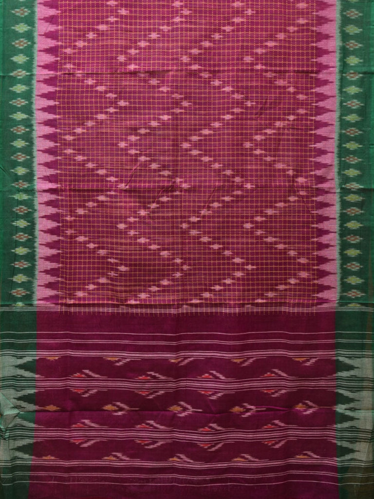 Purple and Green Pochampally Ikat Cotton Handloom Saree with Checks and Zig-Zag Design No Blouse i0806