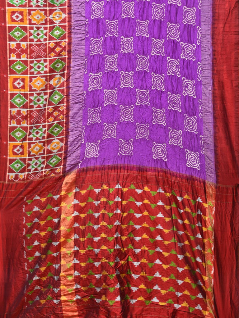 Purple and Maroon Bandhani Ikat Silk Handloom Saree with One Side Border Design bn0483