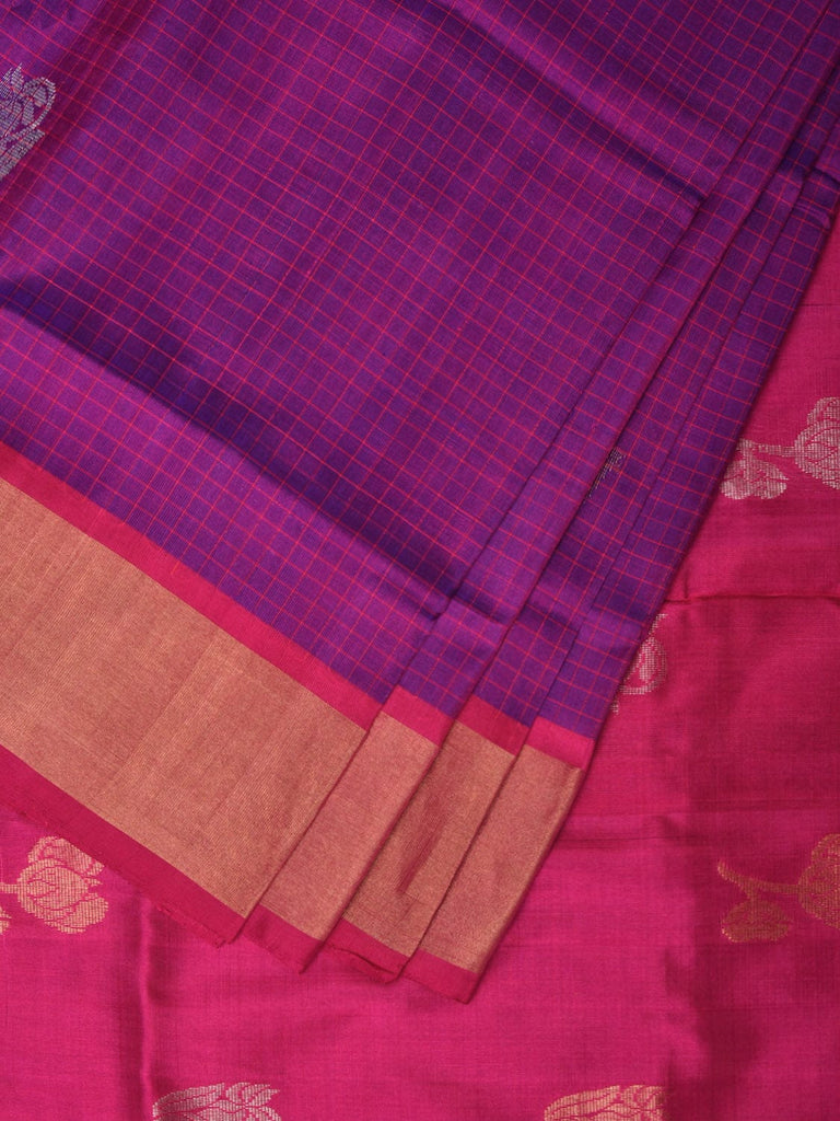 Purple and Pink Uppada Silk Handloom Saree with Body Buta and Checks Design u2196