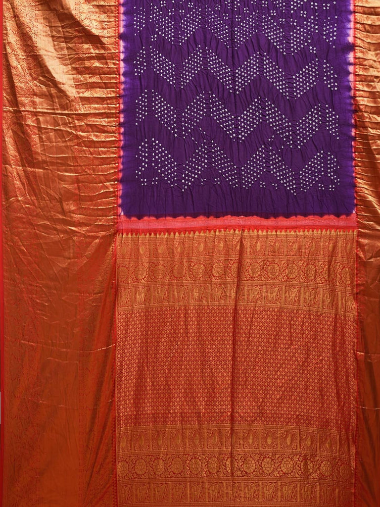 Purple and Red Bandhani Kanchipuram Silk Handloom Saree with Big Border and Pallu Design bn0503