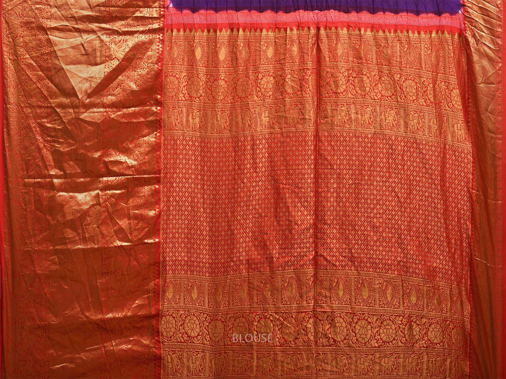 Purple and Red Bandhani Kanchipuram Silk Handloom Saree with Big Border and Pallu Design bn0503