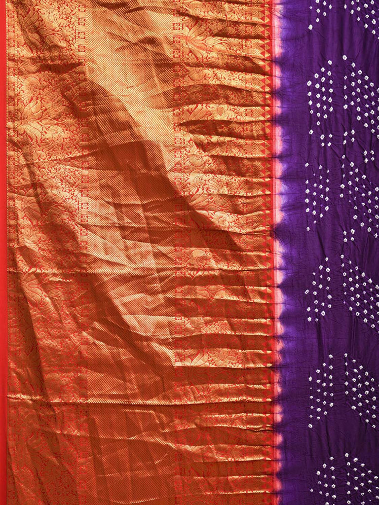 Purple and Red Bandhani Kanchipuram Silk Handloom Saree with Big Border and Pallu Design bn0503