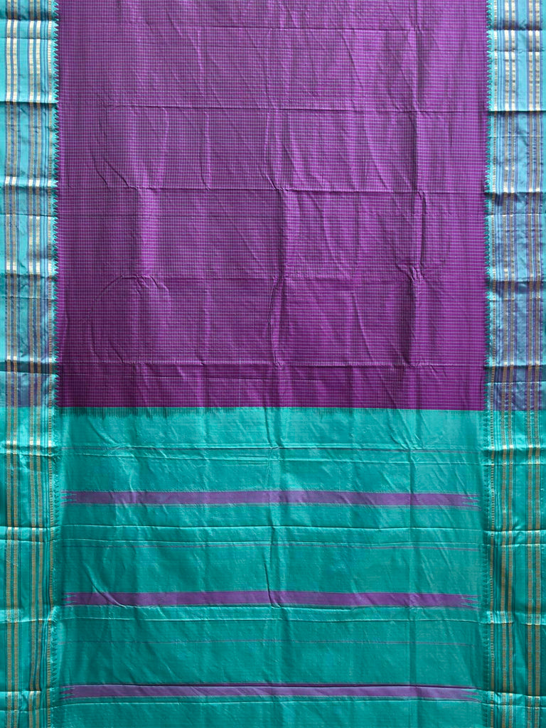 Purple and Turquoise Narayanpet Silk Saree with Checks and Contrast Pallu Design np1327