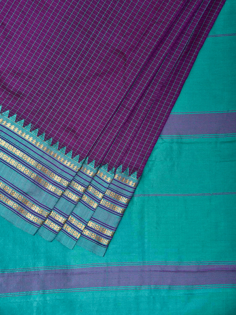 Purple and Turquoise Narayanpet Silk Saree with Checks and Contrast Pallu Design np1327