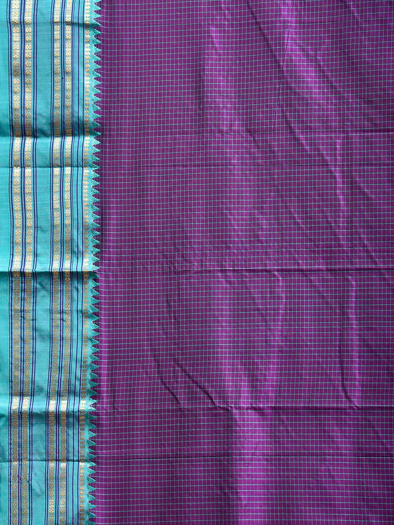 Purple and Turquoise Narayanpet Silk Saree with Checks and Contrast Pallu Design np1327