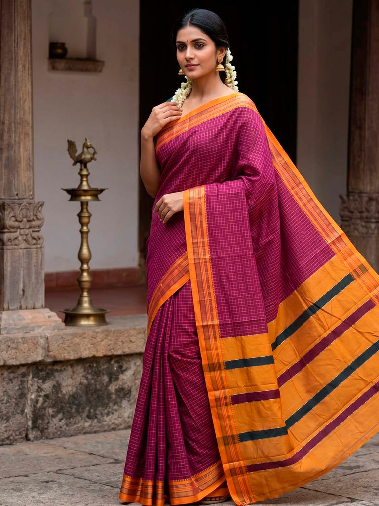ilkal saree dress designs Tangerine Handloom Cotton Silk Ilkal Saree, Resham Pallu