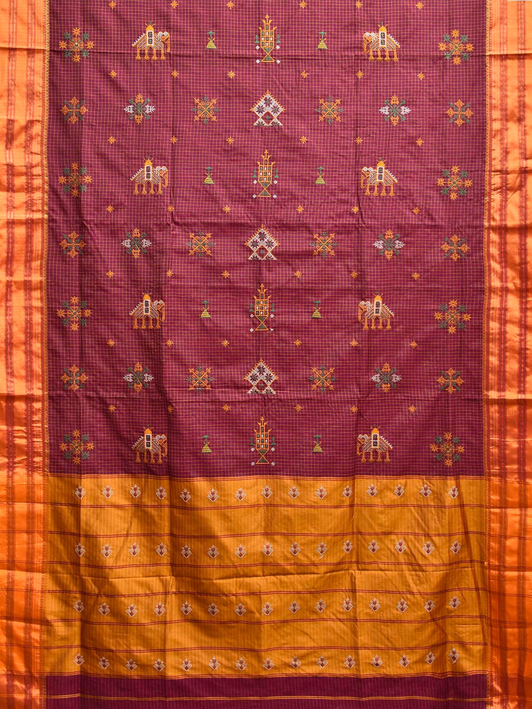 Purple and Yellow Kasuti Cotton Viscose Saree with Elephant Buta and Checks Design ku0020