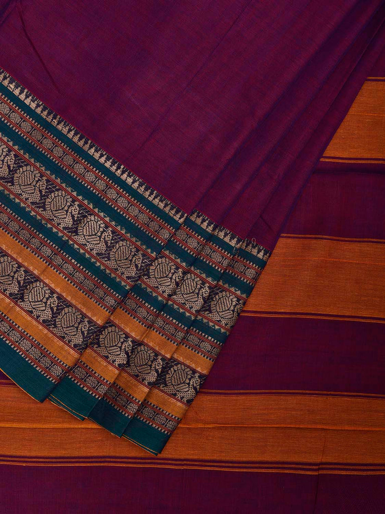 Purple Kanchipuram Cotton Plain Saree with Strips Pallu and Border Design No Blouse k0836