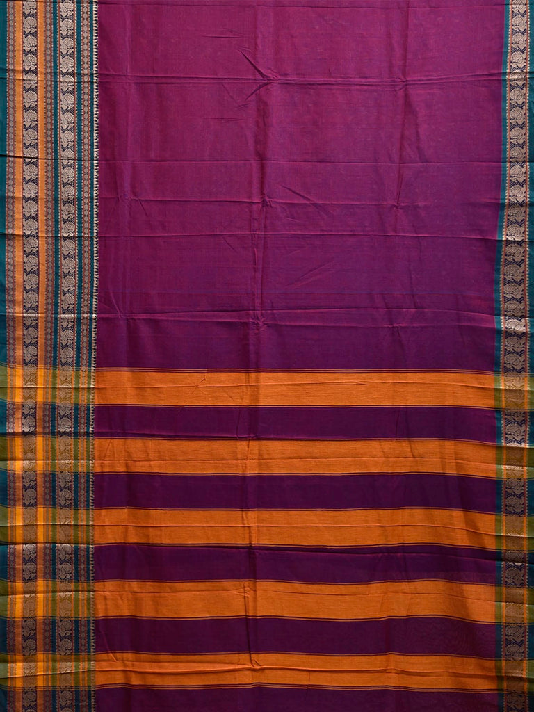 Purple Kanchipuram Cotton Plain Saree with Strips Pallu and Border Design No Blouse k0836