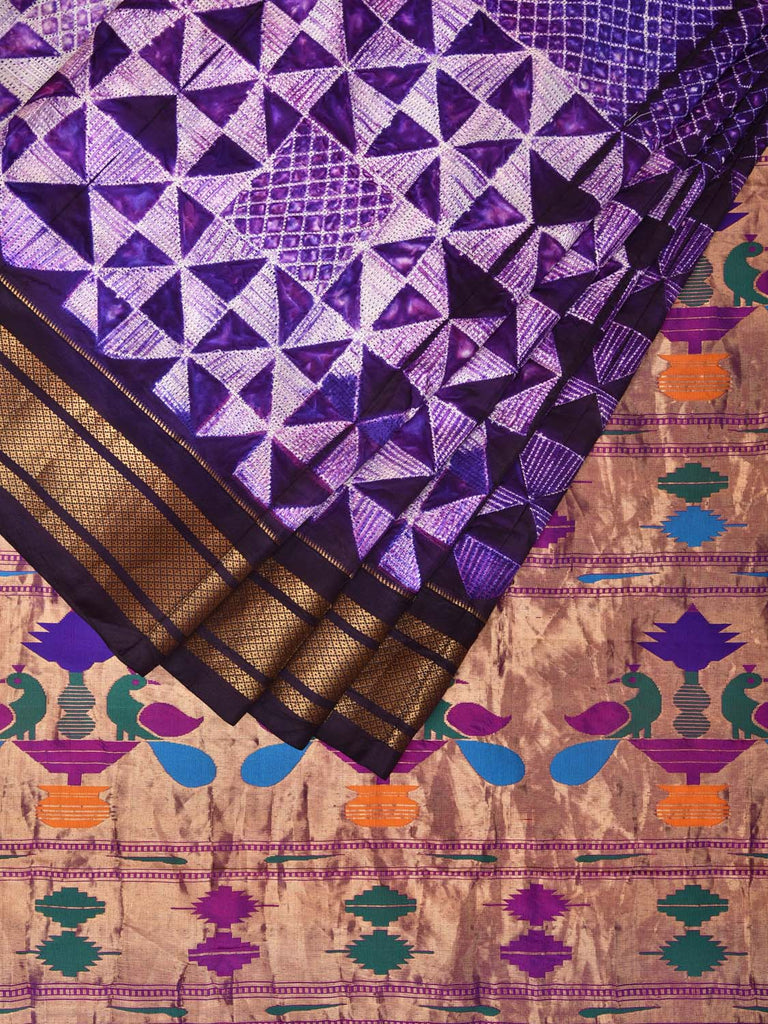 Purple Shibori Paithani Silk Handloom Saree with Geometrical and Pallu Design o0406