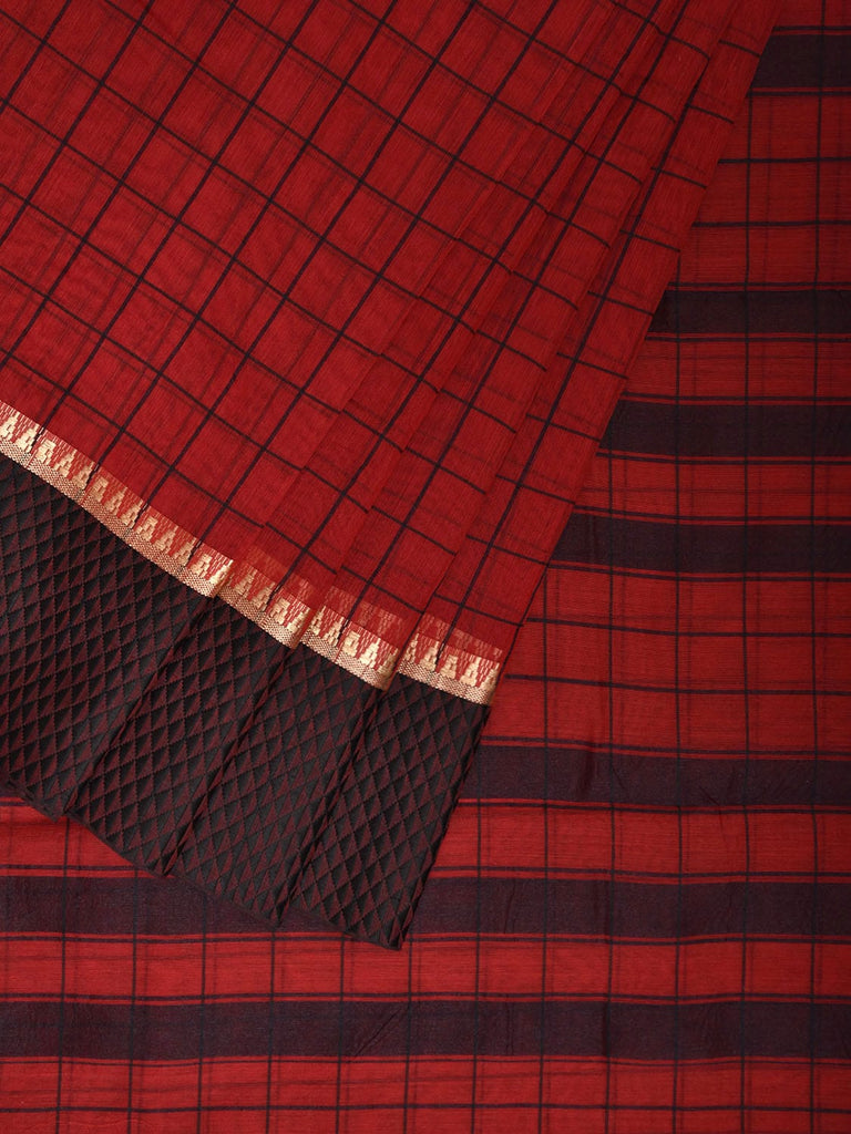 Red and Black Bamboo Cotton Saree with Big Checks Design No Blouse bc0828