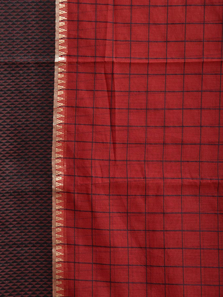 Red and Black Bamboo Cotton Saree with Big Checks Design No Blouse bc0828