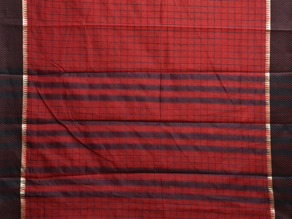 Red and Black Bamboo Cotton Saree with Big Checks Design No Blouse bc0828