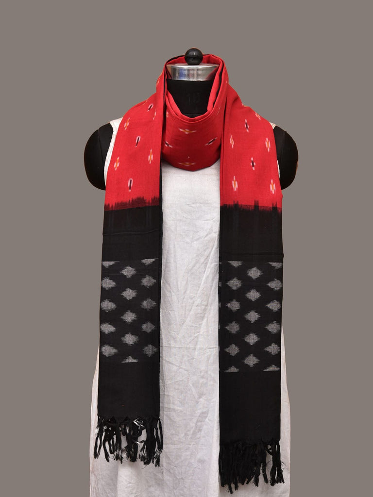 Red and Black Pochampally Ikat Cotton Handloom Dupatta with Temple Border Design ds3291