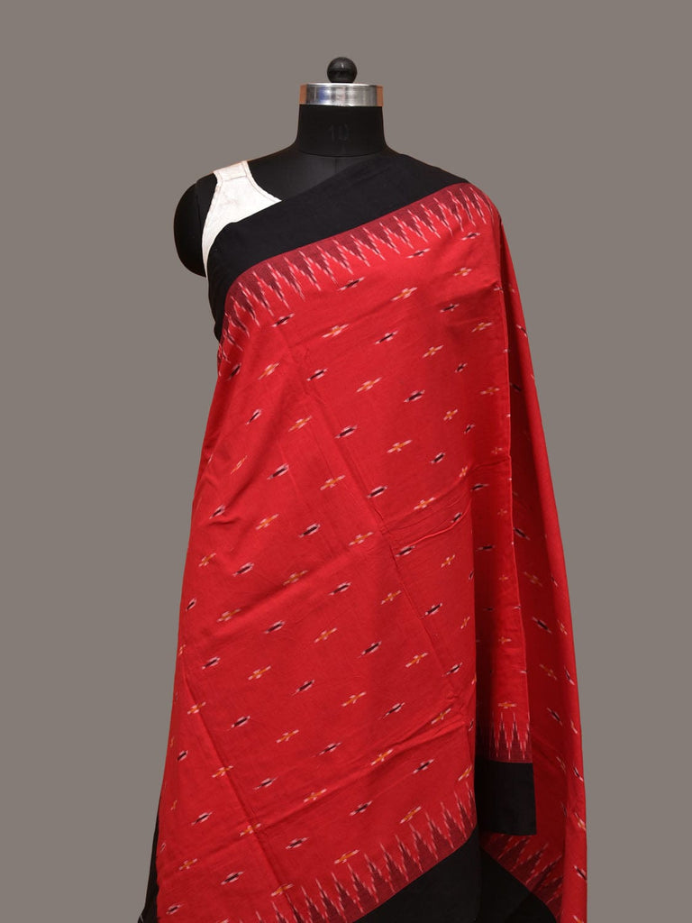 Red and Black Pochampally Ikat Cotton Handloom Dupatta with Temple Border Design ds3291