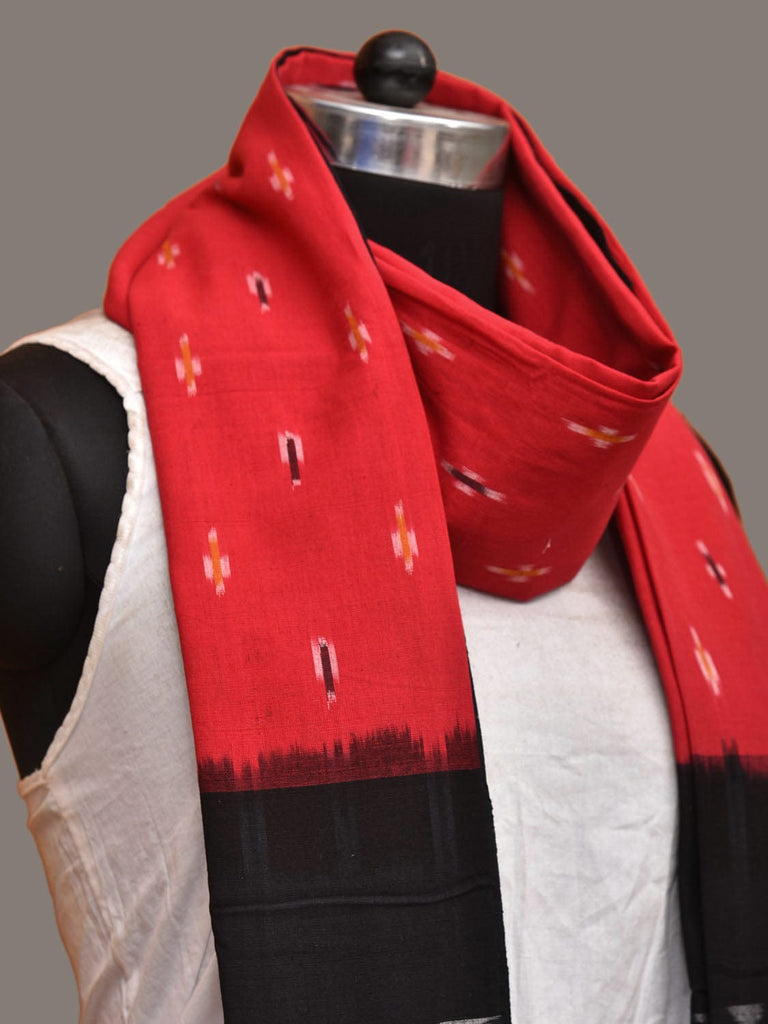 Red and Black Pochampally Ikat Cotton Handloom Dupatta with Temple Border Design ds3291