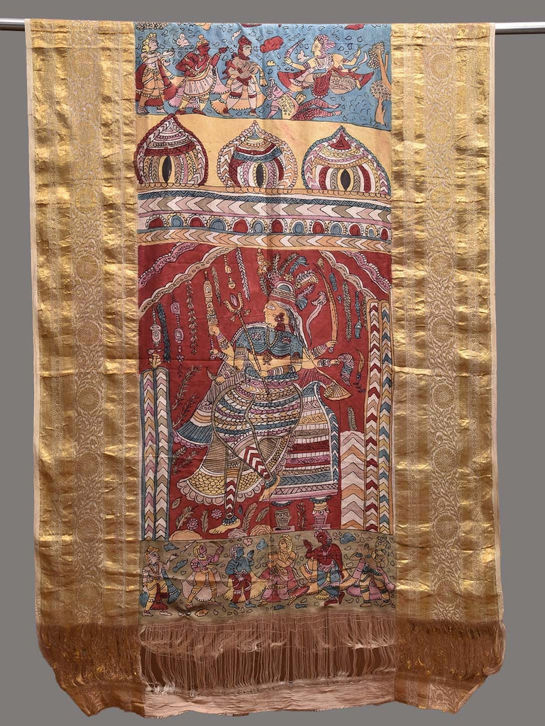 Red and Blue Kalamkari Hand Painted Kanchipuram Silk Dupatta with Durga Mata Design ds3801