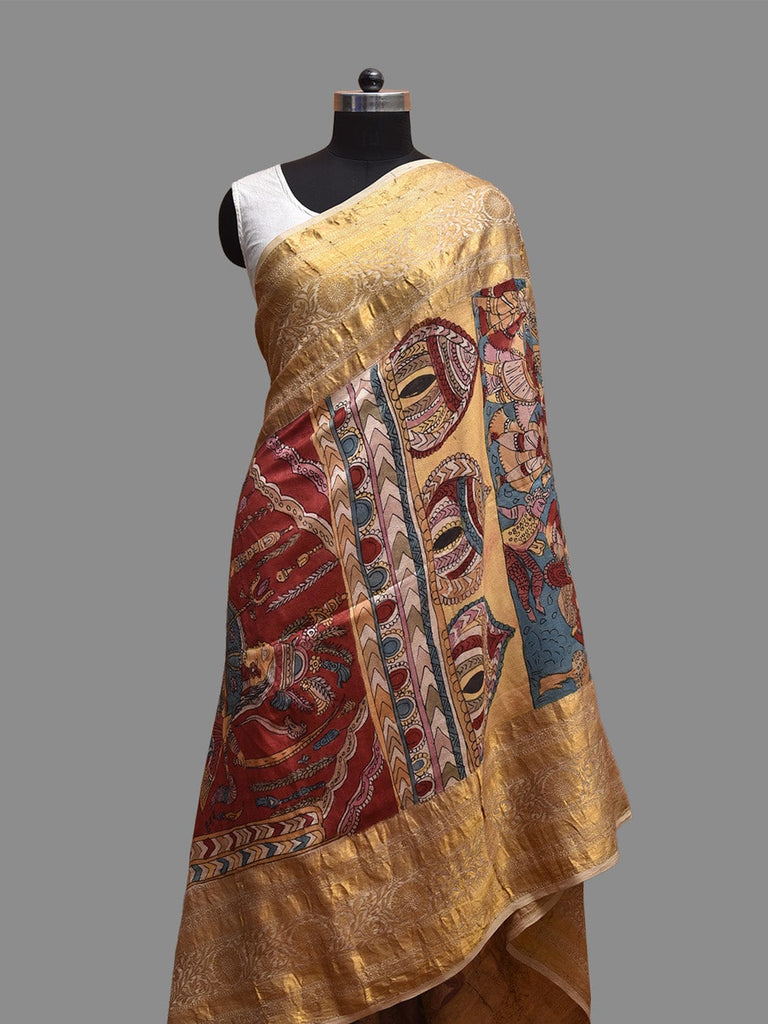 Red and Blue Kalamkari Hand Painted Kanchipuram Silk Dupatta with Durga Mata Design ds3801