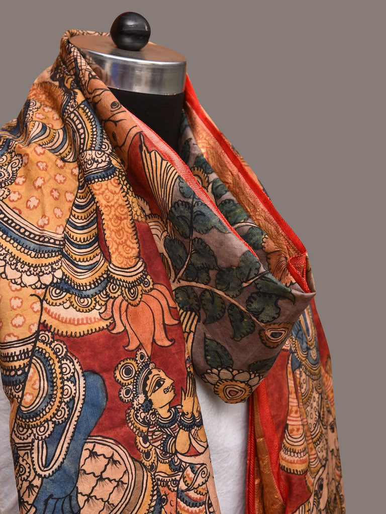 Red and Blue Kalamkari Hand Painted Kanchipuram Silk Handloom Dupatta with Krishna Design ds3494
