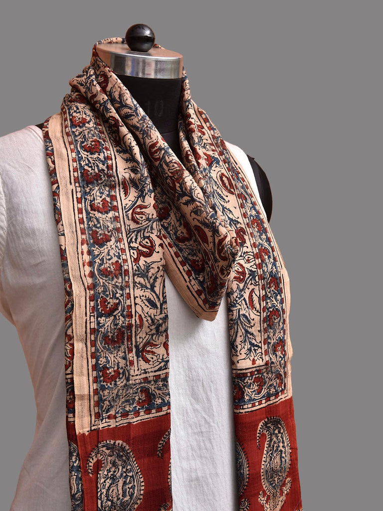 Red and Cream Kalamkari Block Print Cotton Dupatta with Floral Design ds3924