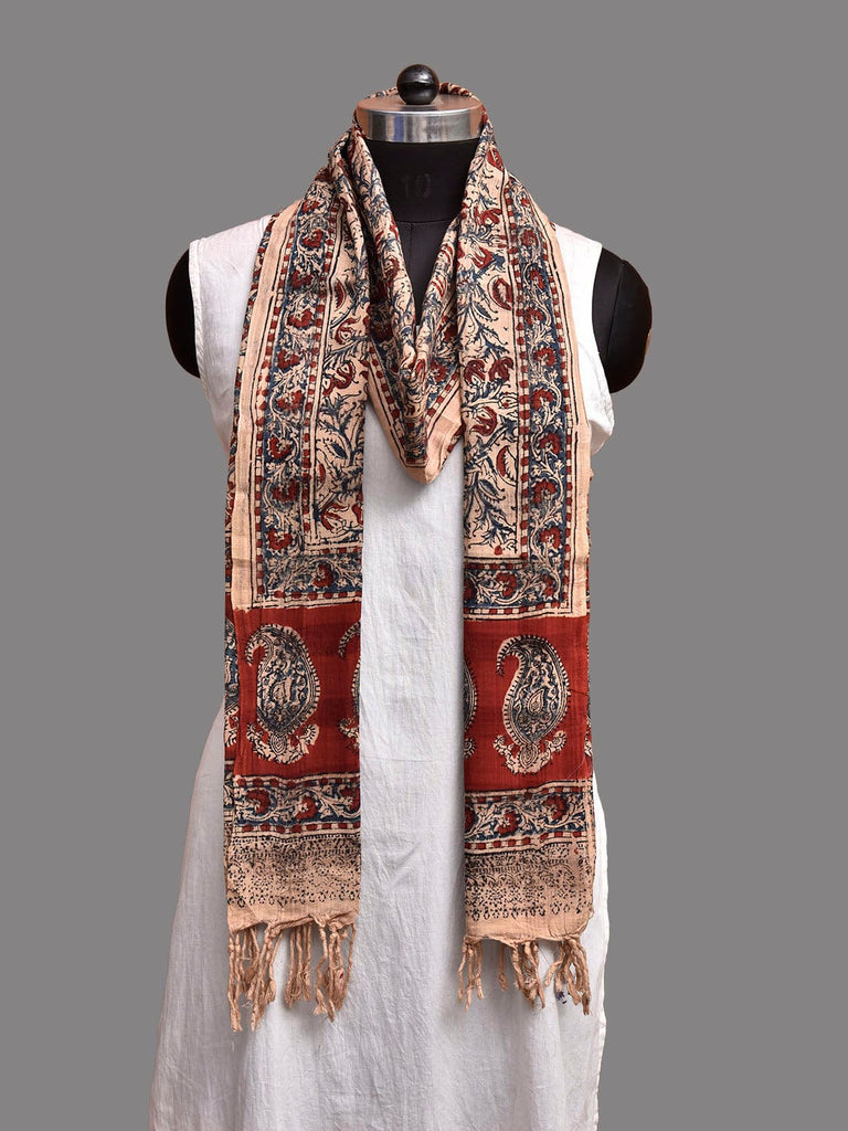 Red and Cream Kalamkari Block Print Cotton Dupatta with Floral Design ds3924