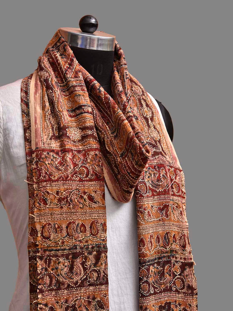 Red and Cream Kalamkari Block Print Cotton Dupatta with Kantha Work Design ds3922