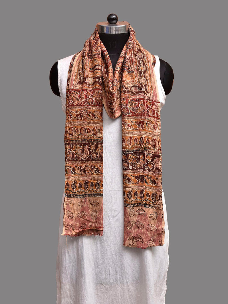 Red and Cream Kalamkari Block Print Cotton Dupatta with Kantha Work Design ds3922