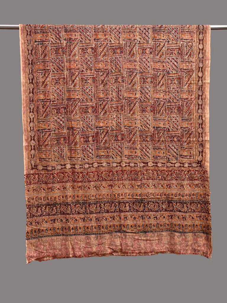 Red and Cream Kalamkari Block Print Cotton Dupatta with Kantha Work Design ds3922