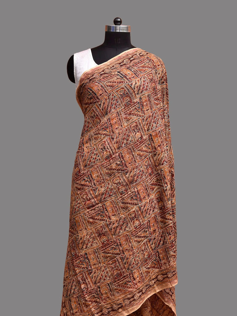 Red and Cream Kalamkari Block Print Cotton Dupatta with Kantha Work Design ds3922