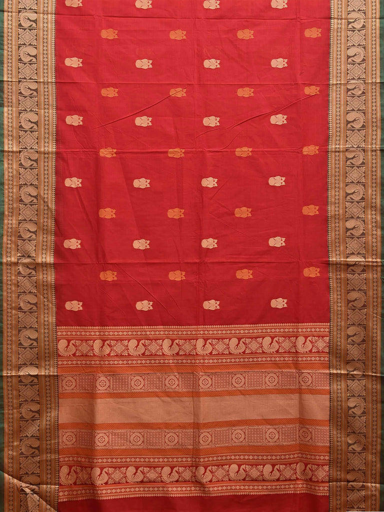 Red and Cream Kanchipuram Cotton Saree with Gandaberunda Buta and Pallu Design k0765