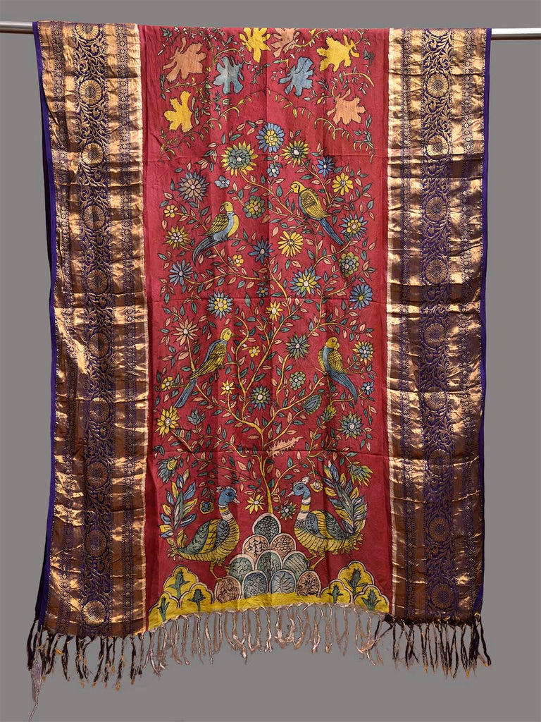 Red and Dark Blue Kalamkari Hand Painted Kanchipuram Silk Dupatta with Tree of Life Design ds3770