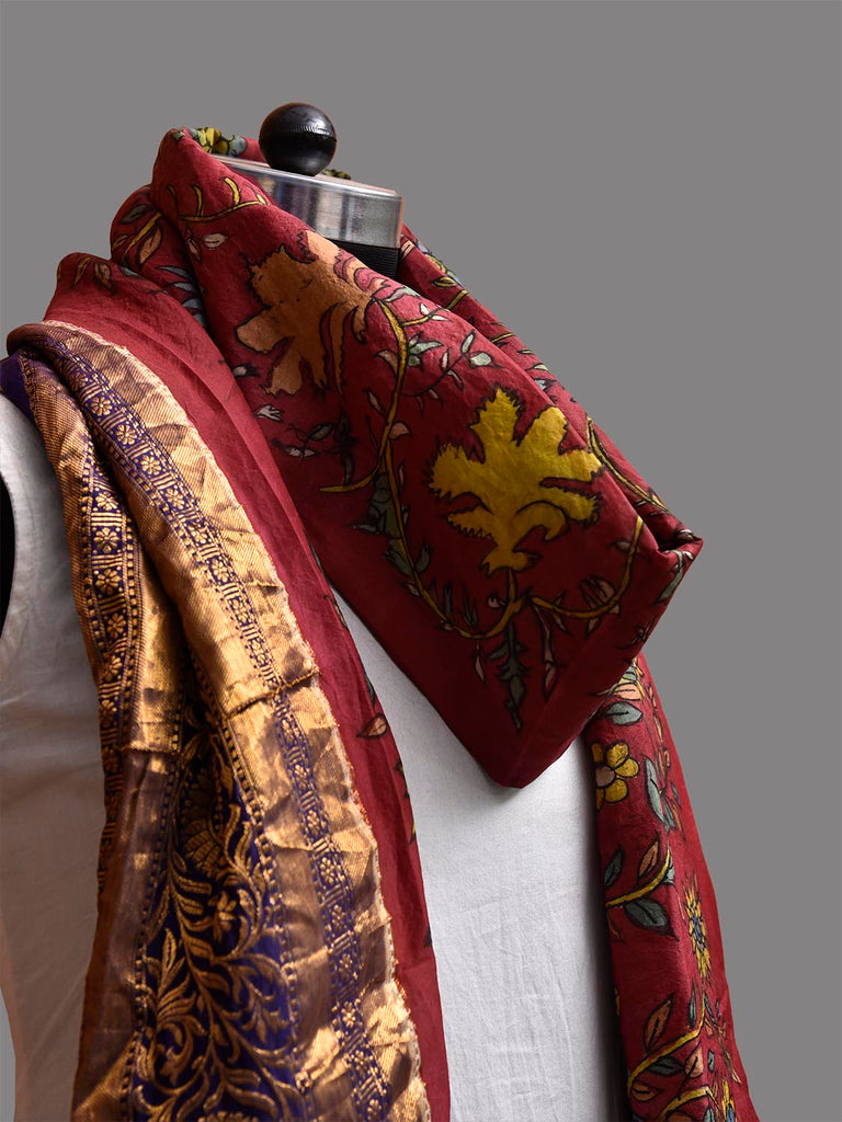 Red and Dark Blue Kalamkari Hand Painted Kanchipuram Silk Dupatta with Tree of Life Design ds3770