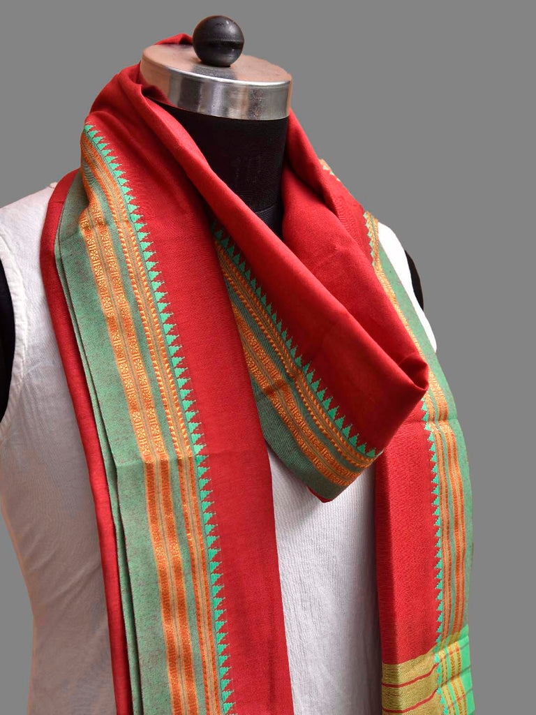 Red and Green Bamboo Cotton Dupatta with Small Temple Border Design ds3871