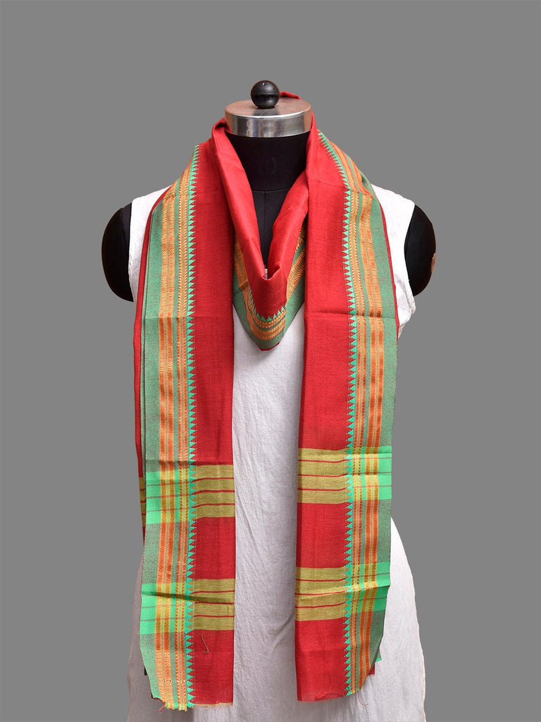 Red and Green Bamboo Cotton Dupatta with Small Temple Border Design ds3871