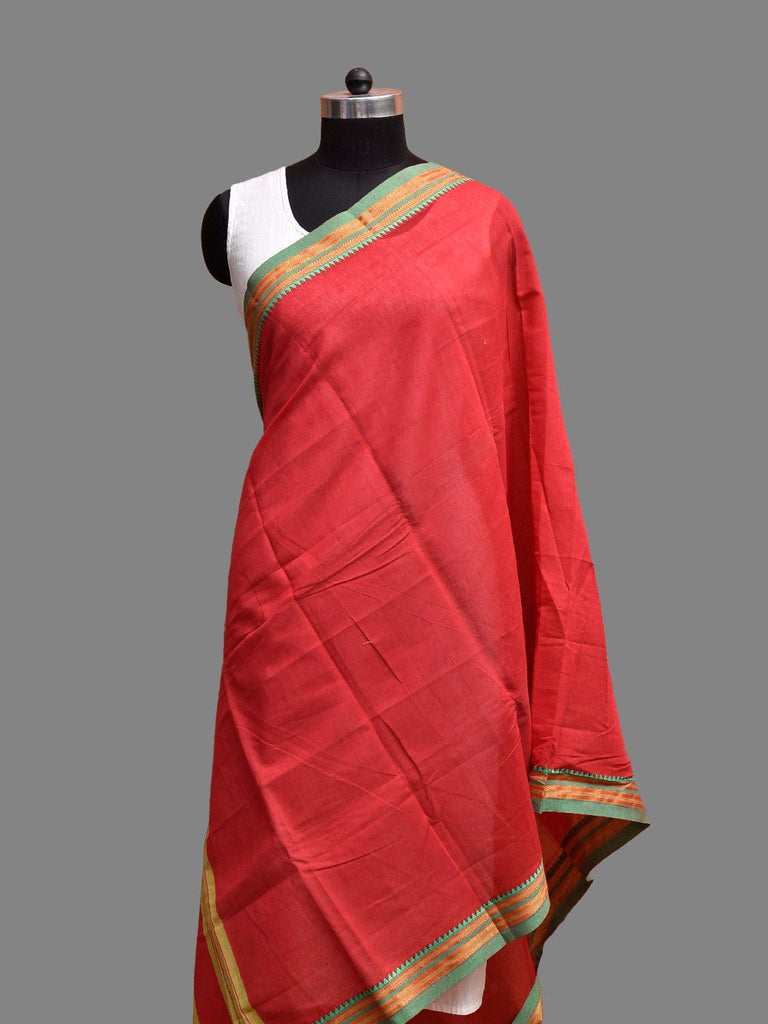Red and Green Bamboo Cotton Dupatta with Small Temple Border Design ds3871