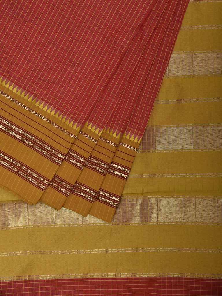 Red and Green Bamboo Cotton Viscose Silk Saree with Checks Design No Blouse bc0839