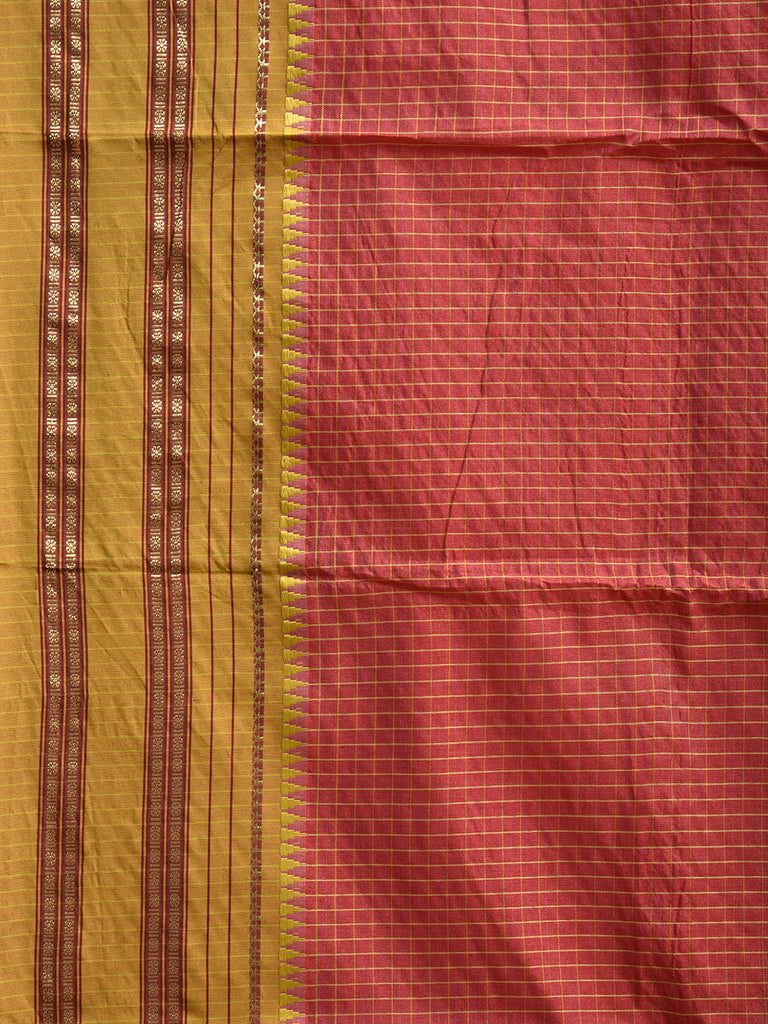 Red and Green Bamboo Cotton Viscose Silk Saree with Checks Design No Blouse bc0839