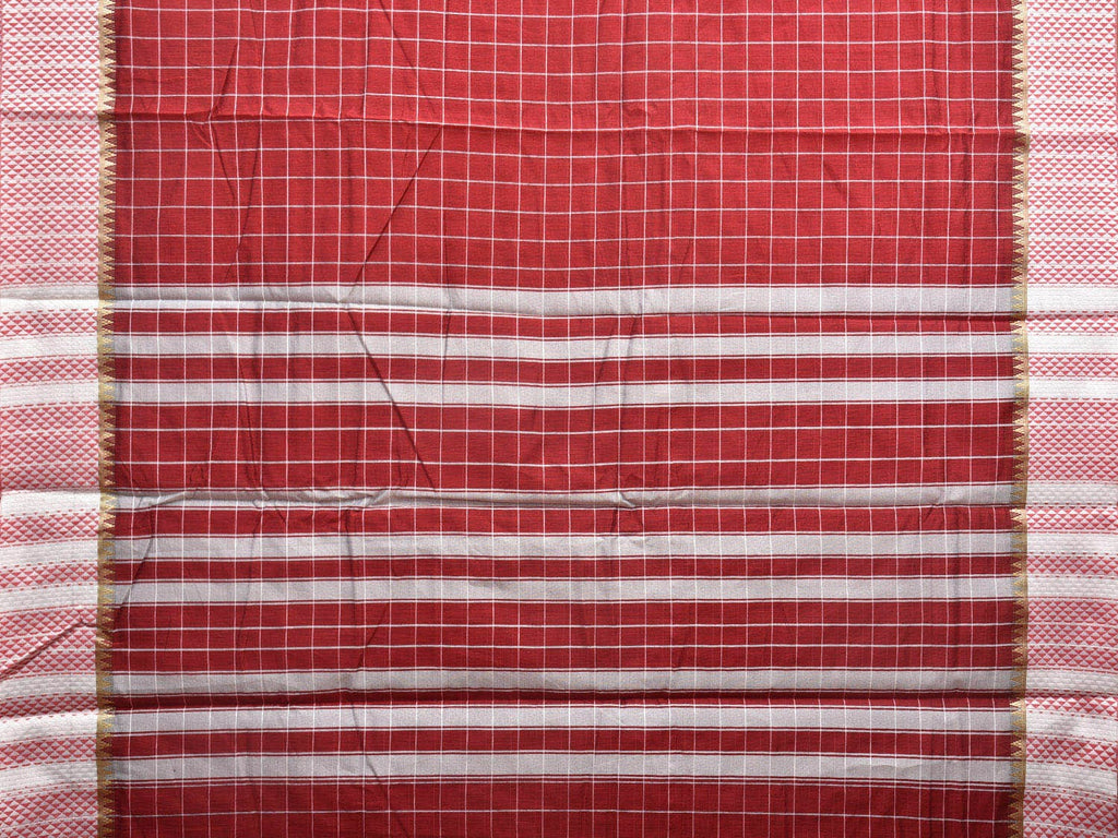 Red and Grey Bamboo Cotton Saree with Big Checks Design No Blouse bc0384