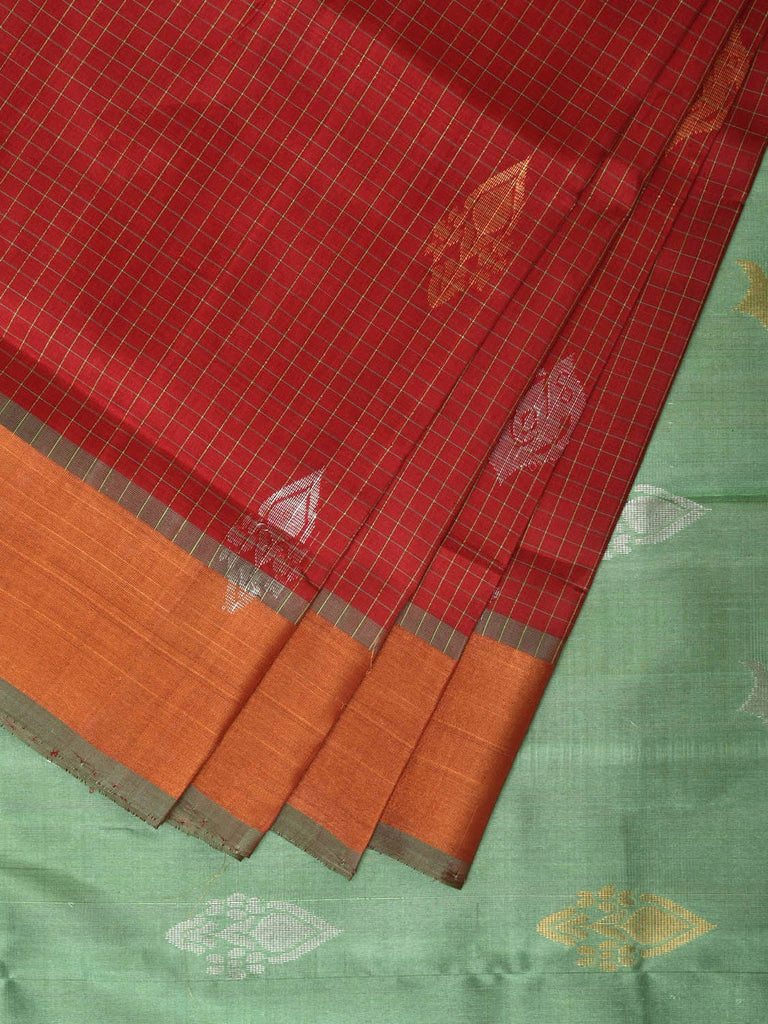 Red and Light Green Uppada Silk Handloom Saree with Body Buta and Checks Design u2197