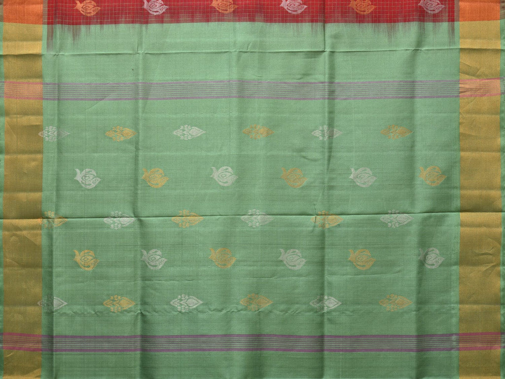 Red and Light Green Uppada Silk Handloom Saree with Body Buta and Checks Design u2197