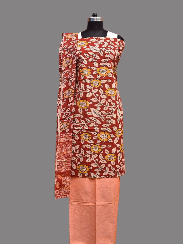 Red and Light Peach Kalamkari Printed Cotton Dress Material with Top Bottom and Dupatta 2.5mt Length dm0092