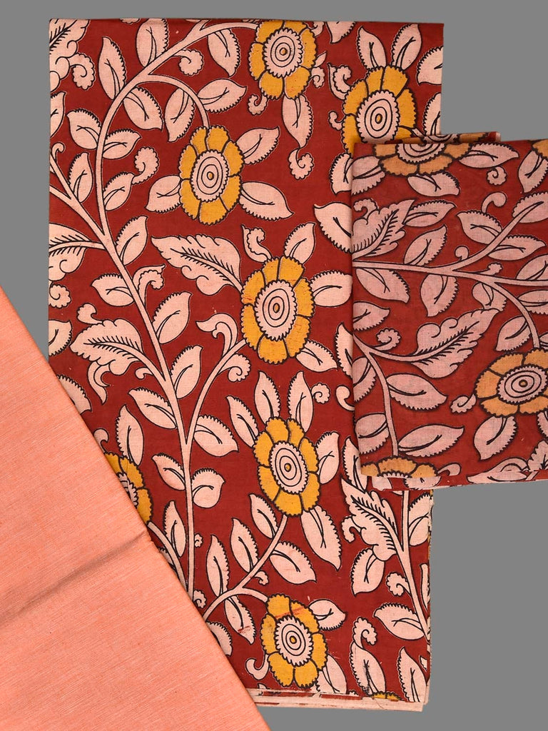 Red and Light Peach Kalamkari Printed Cotton Dress Material with Top Bottom and Dupatta 2.5mt Length dm0092