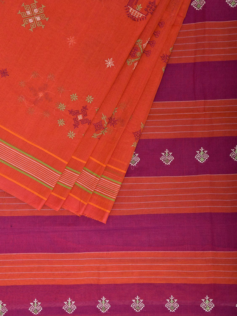 Red and Magenta Kasuti Venkatagiri Cotton Saree with Elephant Buta Design No Blouse ku0024
