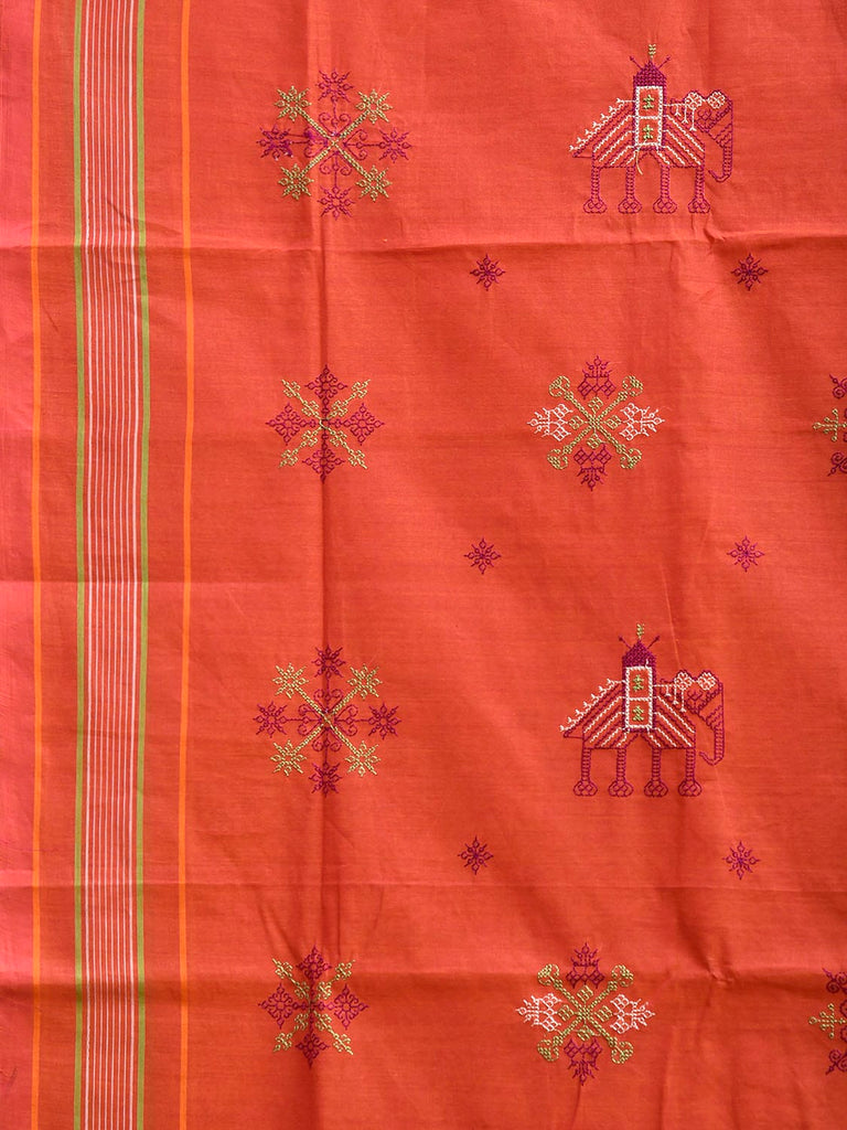 Red and Magenta Kasuti Venkatagiri Cotton Saree with Elephant Buta Design No Blouse ku0024