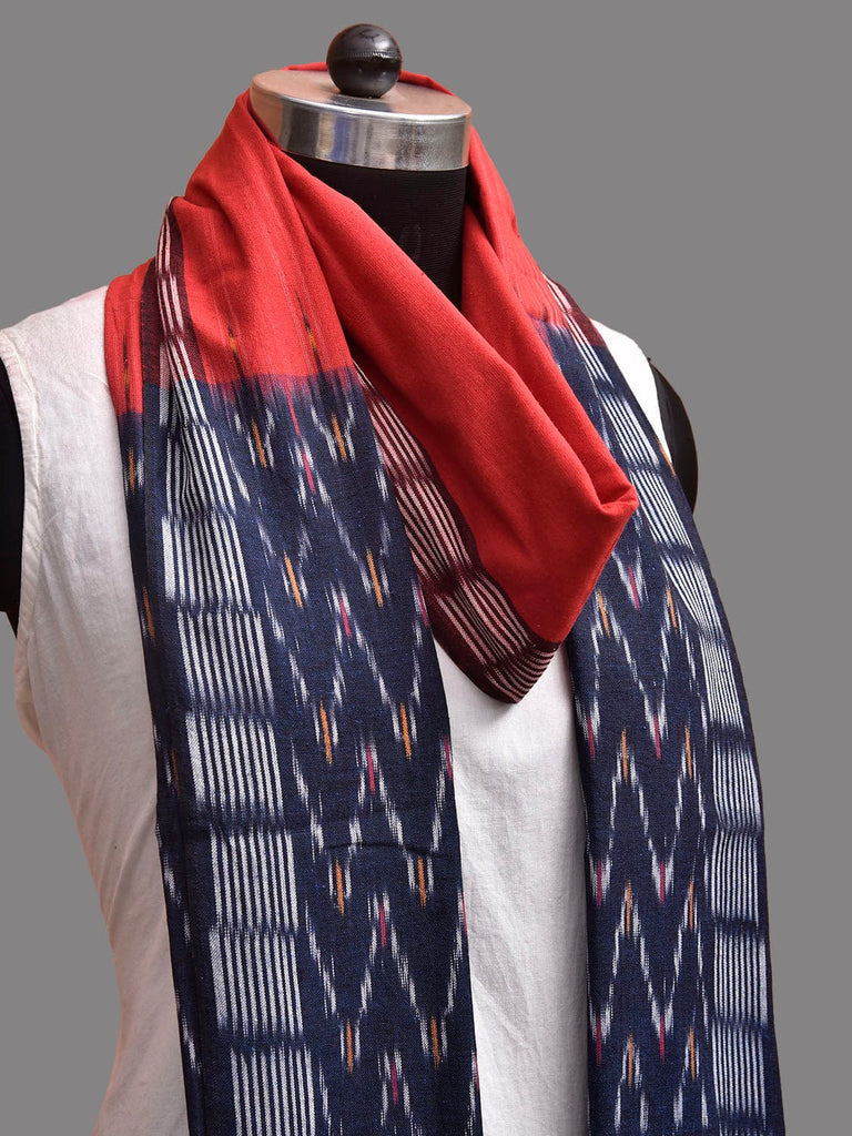 Red and Navy Pochampally Ikat Cotton Handloom Dupatta with Zig-Zag Pallu Design ds3917