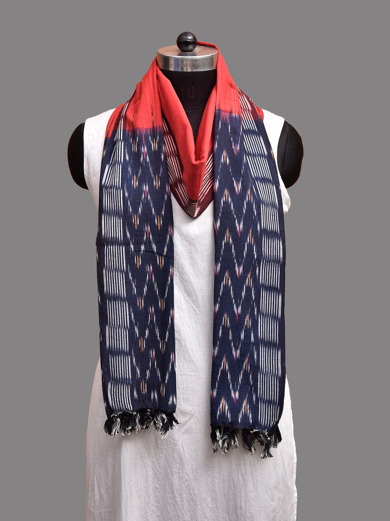 Red and Navy Pochampally Ikat Cotton Handloom Dupatta with Zig-Zag Pallu Design ds3917