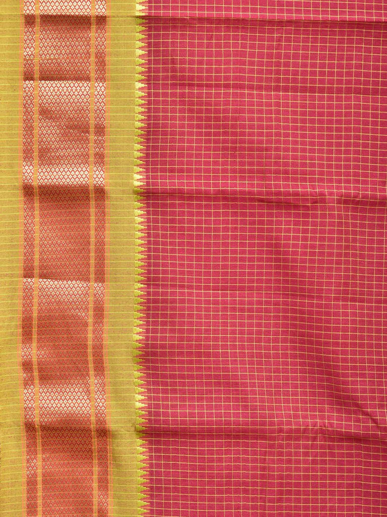 Red and Olive Bamboo Cotton Saree with Checks Design No Blouse bc0165