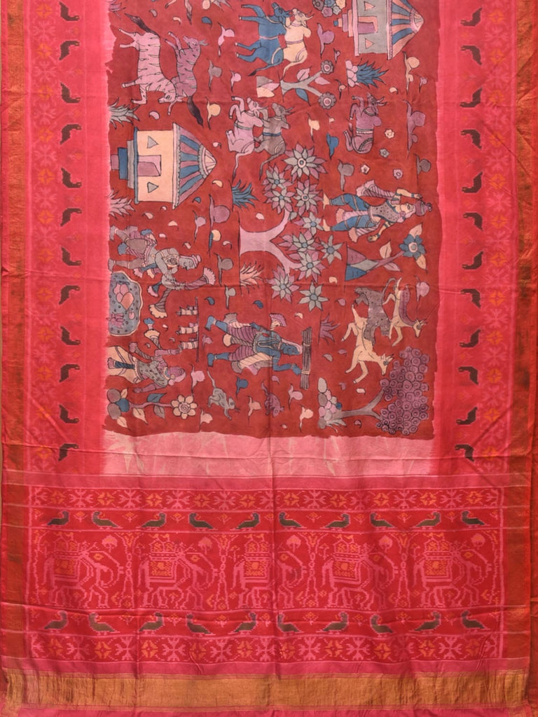Red and Pink Kalamkari Hand Painted Ikat Silk Handloom Saree with Village Theme Design KL0732