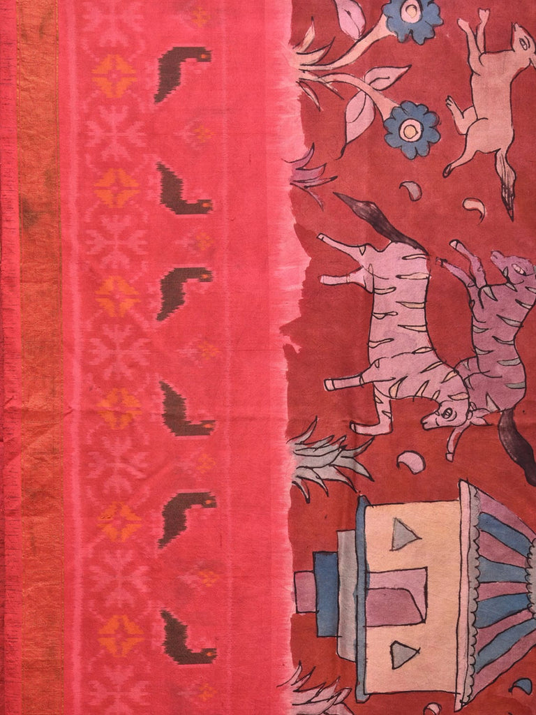 Red and Pink Kalamkari Hand Painted Ikat Silk Handloom Saree with Village Theme Design KL0732